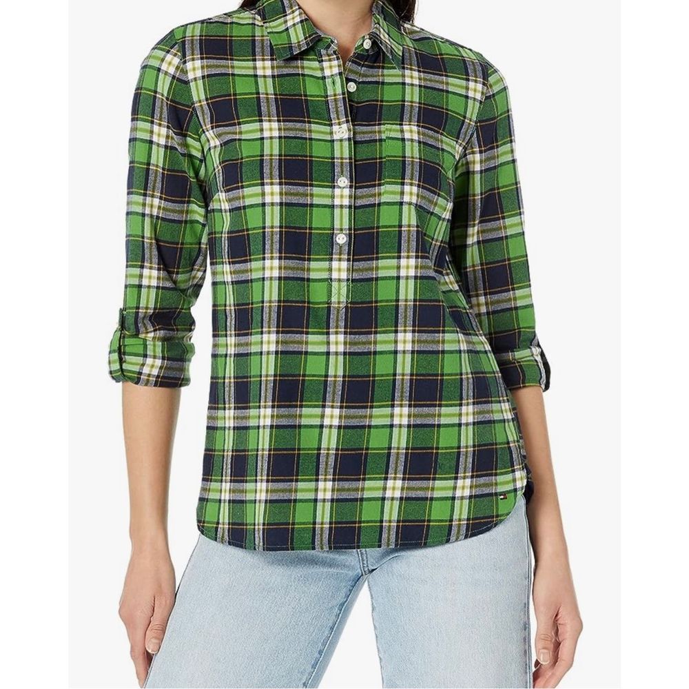 Tommy Hilfiger Women's Green Plaid Long Sleeve Half Button Roll Tab Popover Shir